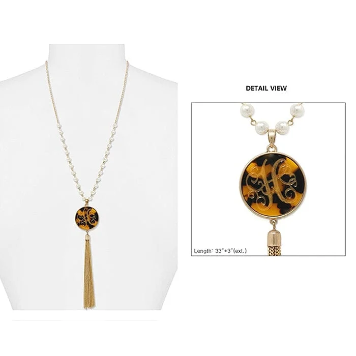 trendy bags for women’s casual outfits -AN1866-HWG Pearl & Gold Necklace Tortoise Initial "H" Pendent and Tassel