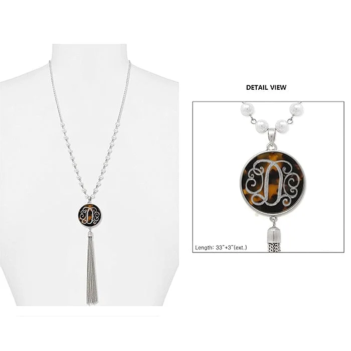 practical bags for women on the go -AN1866-DWS Pearl & Silver Necklace Tortoise Initial "D" Pendent and Tassel