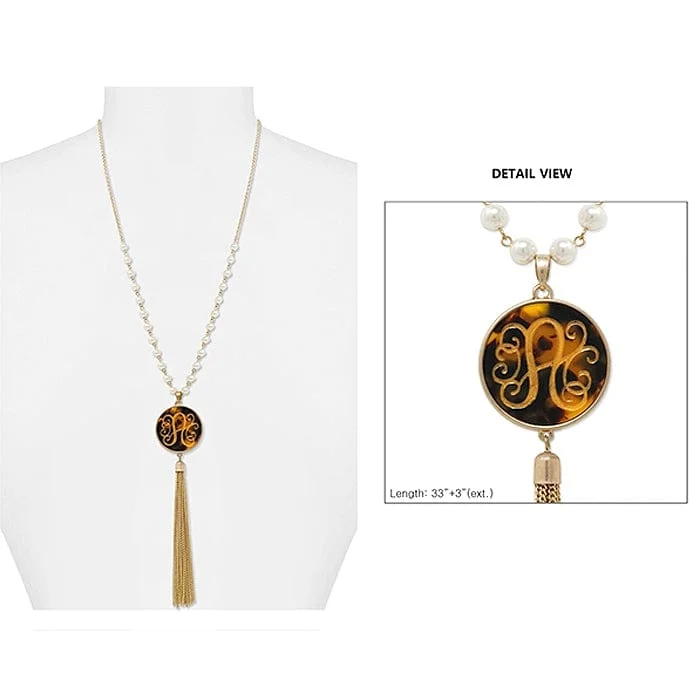 high-end handbags for professional women -AN1866-AWG Pearl & Gold Necklace Tortoise Initial "A" Pendent and Tassel