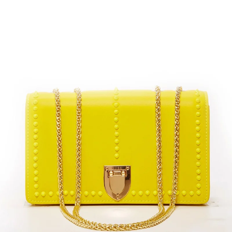 elegant leather handbags for women -SUSU Josie Mustard Yellow Leather Chain Shoulder Bag