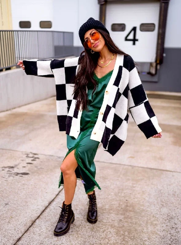 fashionable women’s jackets for winter -Love You Oversized Checkerboard Cardigan in Black + White *RESTOCKED*