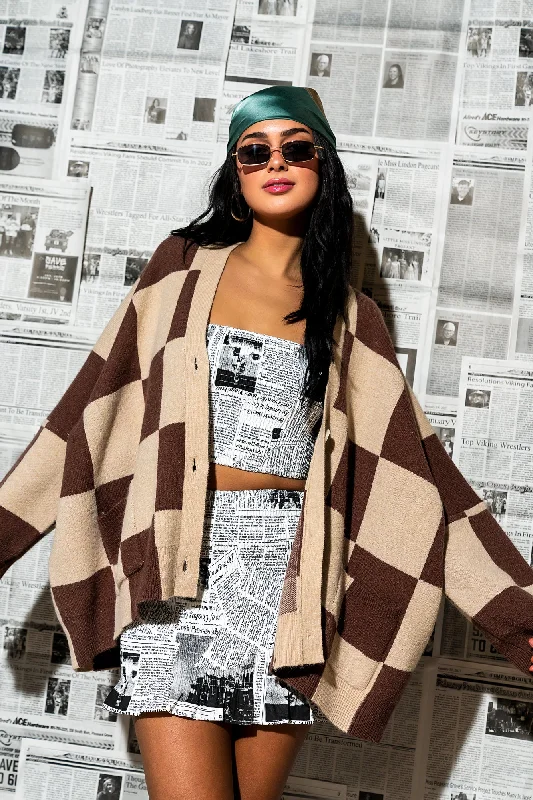 affordable women’s summer clothing -Love You Oversized Checkerboard Cardigan in Chai Latte