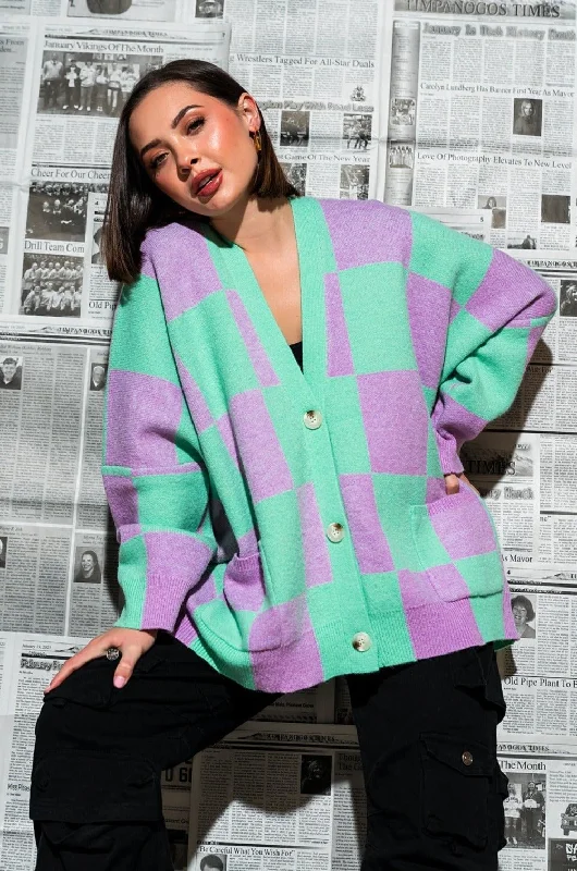 women’s pants for professional settings -Love You Oversized Checkerboard Cardigan in Lilac + Mint