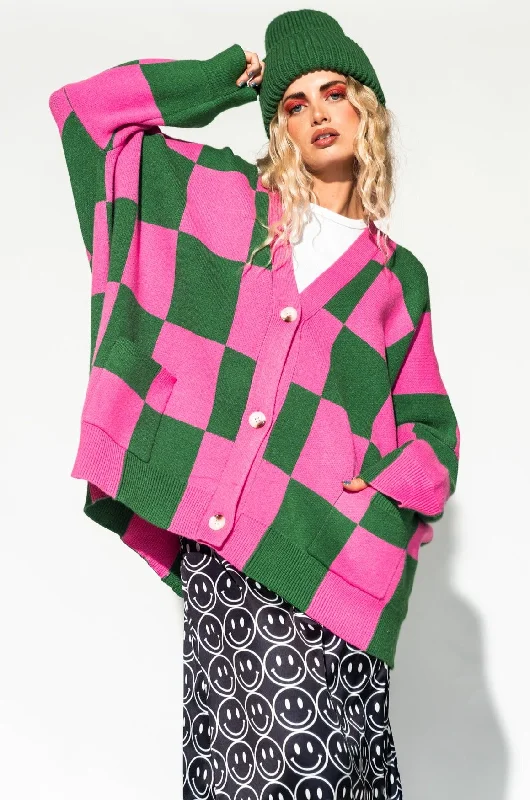 casual clothing for women’s weekend wardrobe -Love You Oversized Checkerboard Cardigan in Watermelon *RESTOCKING SOON*