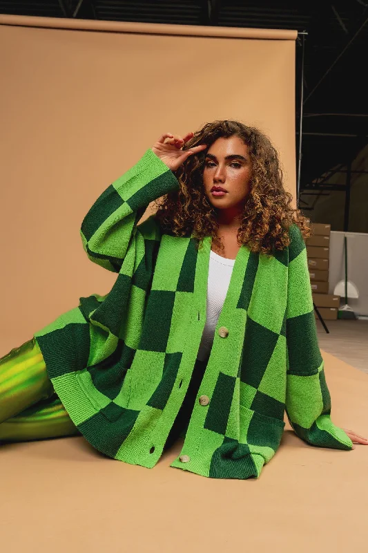 trendy workout clothing for women -Love You Oversized Checkerboard Cardigan in Green on Green