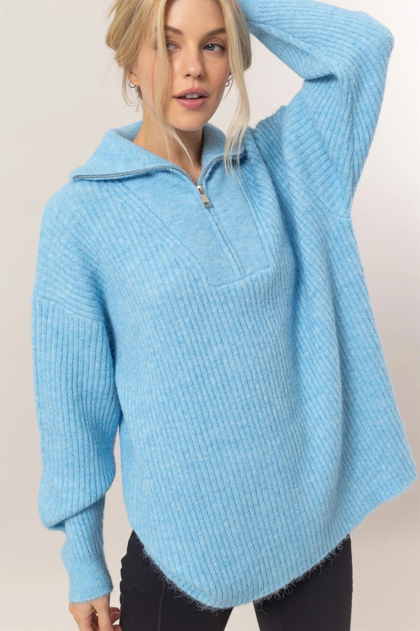 stylish tops for women’s office fashion -On Clouds Blue Half Zip Sweater