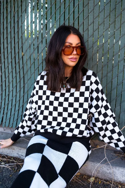 best women’s coats for snow season -Retrograde Boxy Mod Knit in Checkerboard