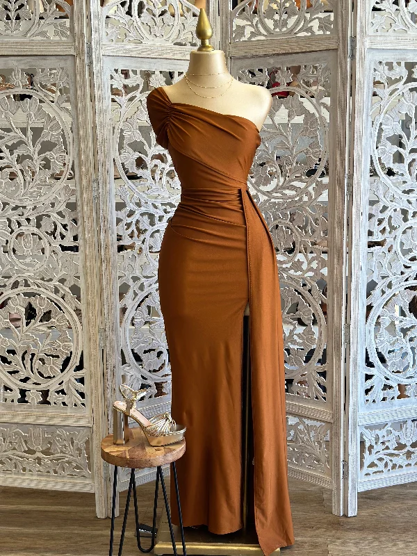 women’s clothing for casual outings -Bronze One Sleeve Ruched Formal Dress- Stretchy