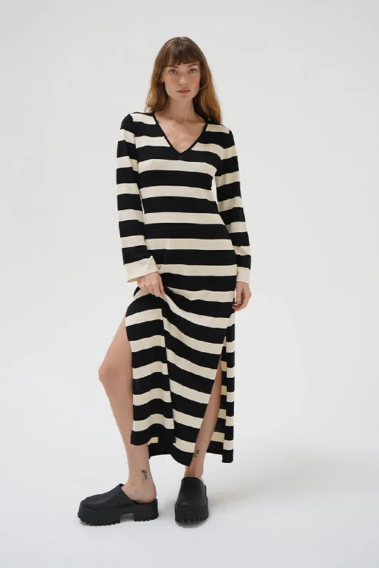 comfortable women’s sweaters for fall -Elin Dress - Ivory and Black Stripe