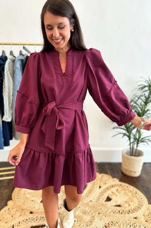 trendy summer dresses for women -Plum LS Tie Waist Dress