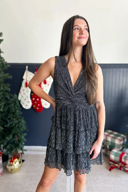 cozy women’s sweaters for cool weather -Silver Metallic Twist Vneck Dress