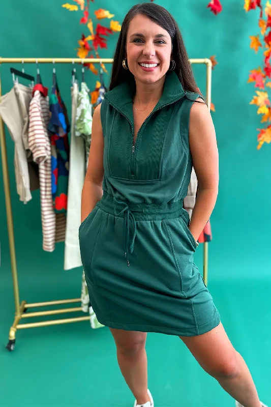 affordable plus-size clothing for women -Sleeveless Zip Up TIe Waist Dress Green