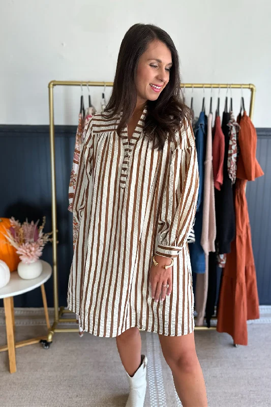 casual clothing for women’s weekend wardrobe -Striped Button Up Dress Brown