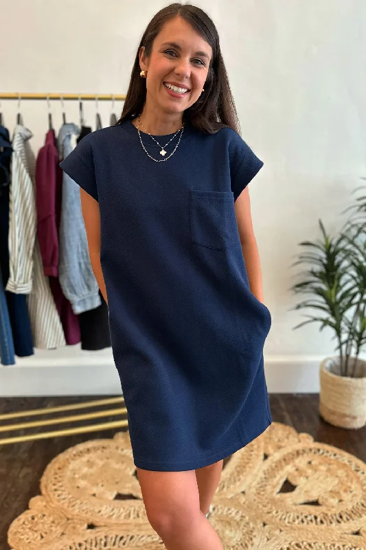 stylish women’s dresses for date nights -Textured Navy Pocket Front Dress