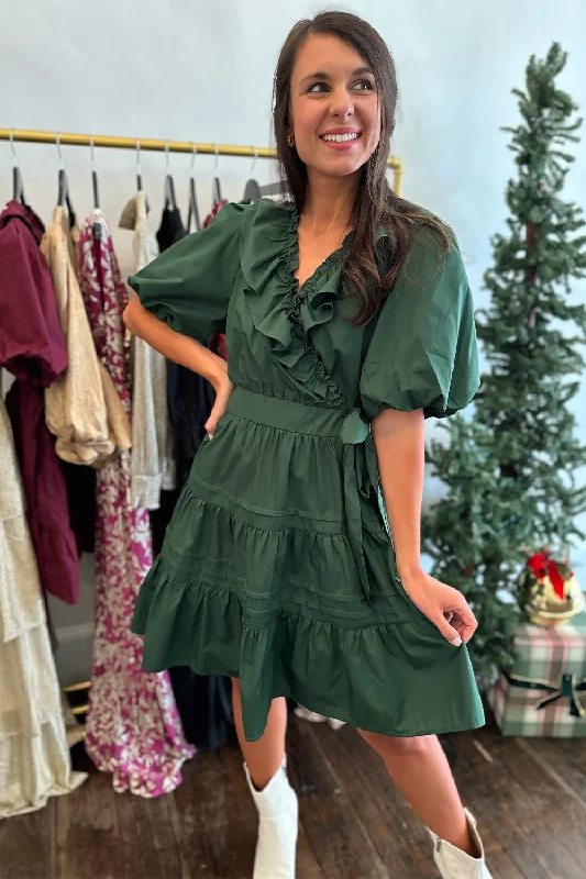 elegant women’s clothing for evening events -Wrap Ruffle Dress Green