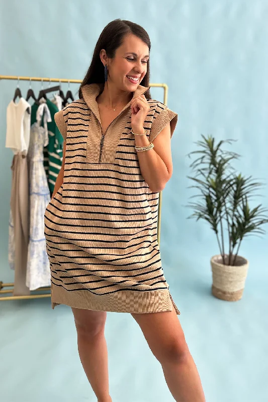 versatile women’s clothing for travel -Zip Up SS Dress Taupe Stripe