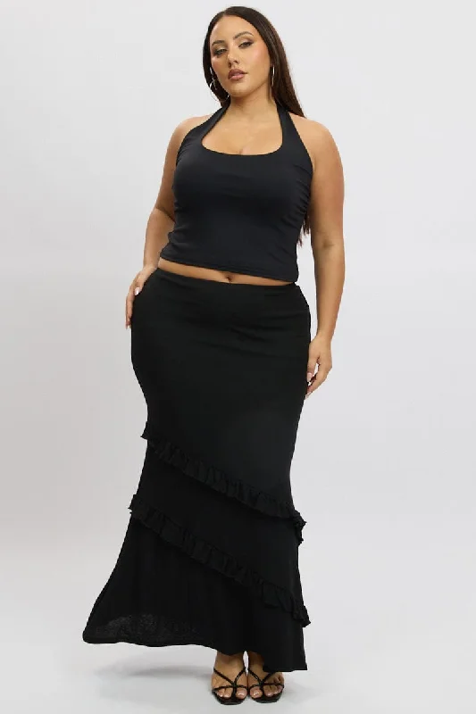 comfortable women’s athletic wear -Black Frill Maxi Skirt