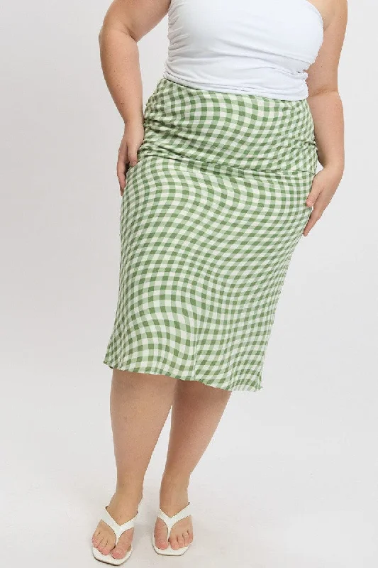 casual clothes for women’s weekend style -Green Check Elastic Waist Bias Maxiskirt