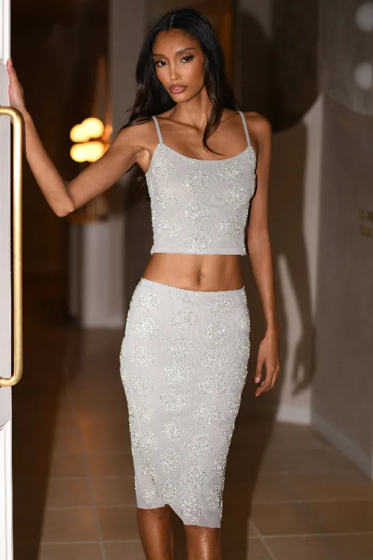 elegant evening gowns for women -Greta Rose Beaded Midi Skirt - Silver